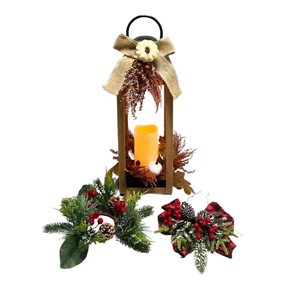 WGP Wooden Lantern 46.5cm with Black Metal Roof and Handle and LED Candle - Autumn / Christmas | 3026