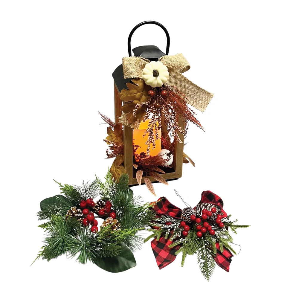 WGP Wooden Lantern 36cm with Black Metal Roof and Handle with LED Candle - Autumn / Christmas | 3025