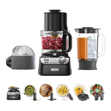 Kenwood food processor with attachments and prepared meals on a white background