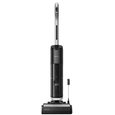 Black and silver dreame vacuum cleaner on a white background