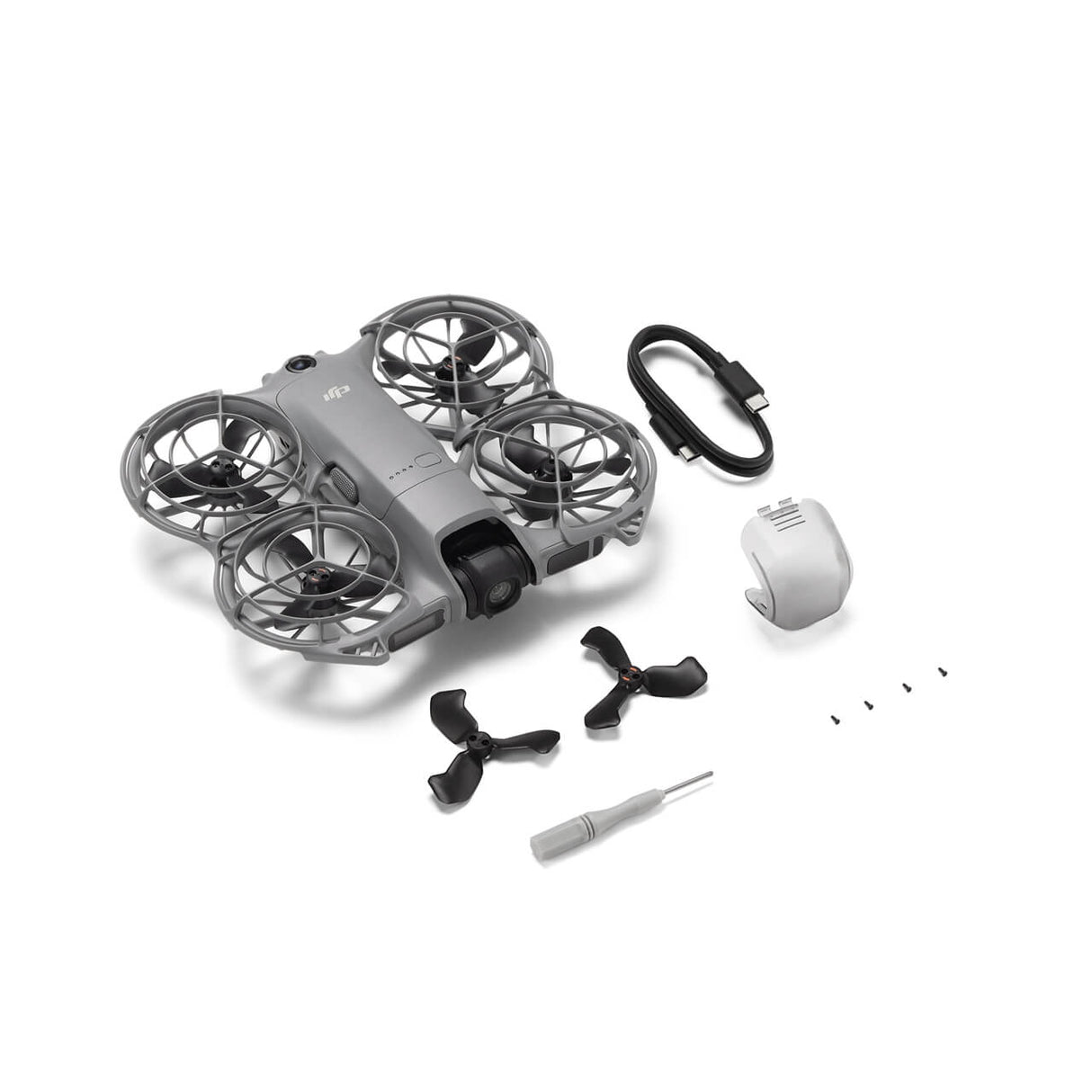 DJI Neo 2 compact drone with four gray propeller guards, black propellers, white remote controller, USB-C charging cable, screwdriver tool, and spare propellers displayed on white background