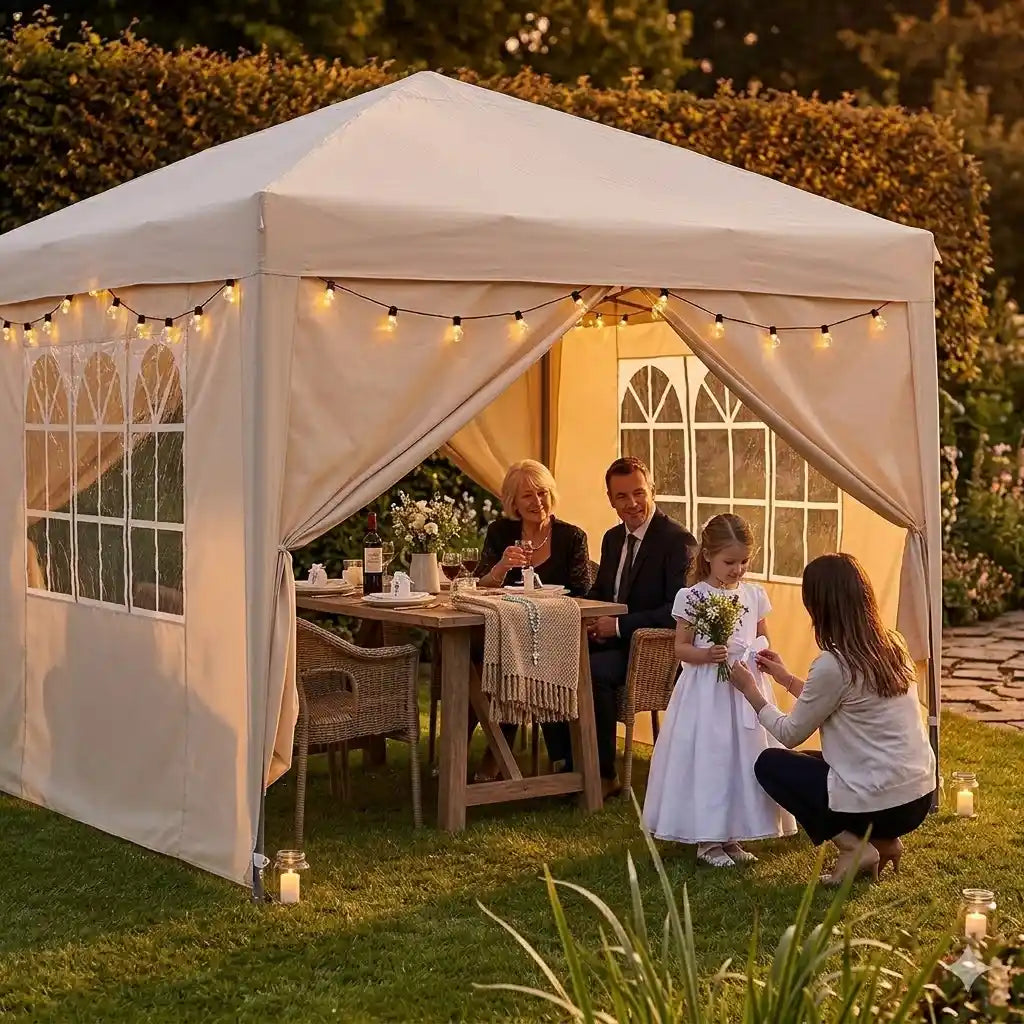 Cream Euroactive pop up gazebo with sidewalls set up on garden lawn at dusk, featuring string lights and sheer curtains, with family gathered inside around wooden table for outdoor celebration