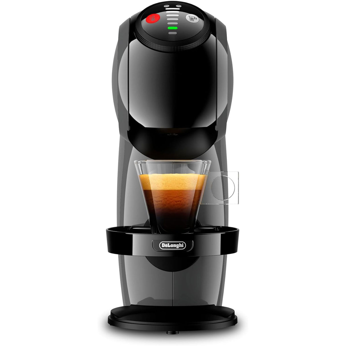 Black coffee machine with a glass cup of coffee on a white background