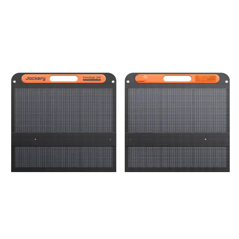 Two Jackery SolarSaga 200W foldable solar panels with black frames and orange handles displayed front and back views showing dark grey solar cell arrays and fold lines