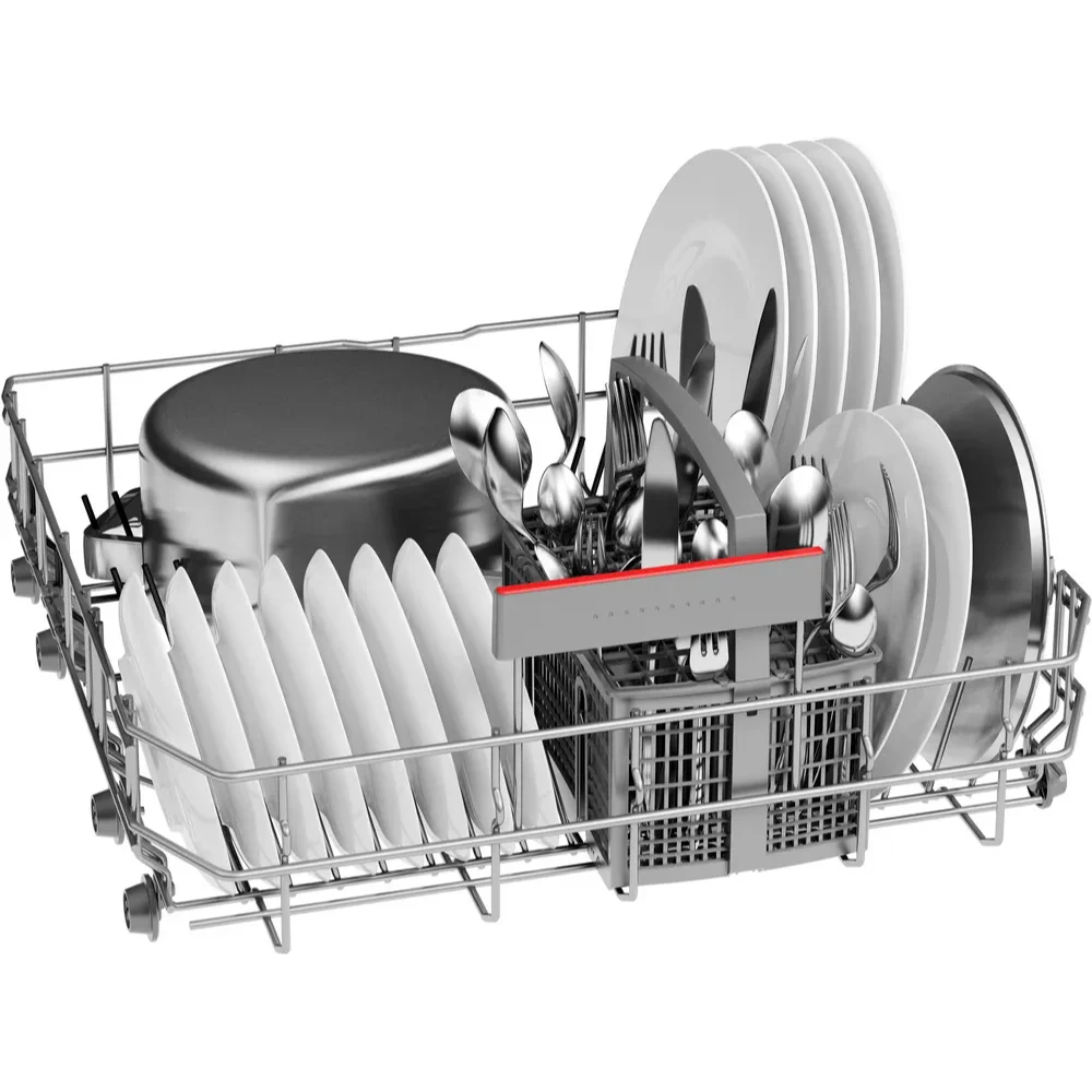 Bosch Serie 4 integrated dishwasher with open basket showing white plates, stainless steel cutlery, and metallic pot with red control panel inside stainless steel wire basket