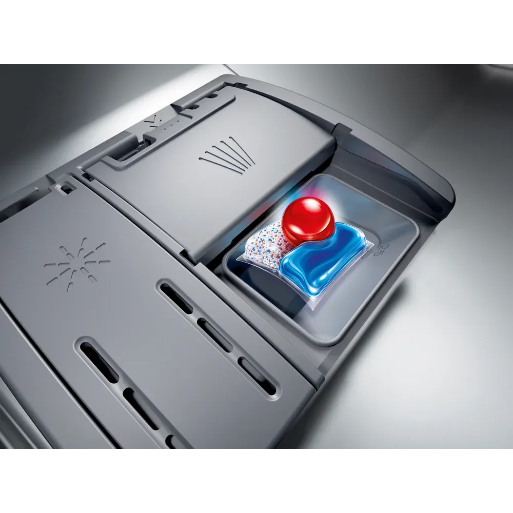 Bosch Serie 4 integrated dishwasher showing open detergent dispenser with red ball and blue gel compartment on stainless steel control panel