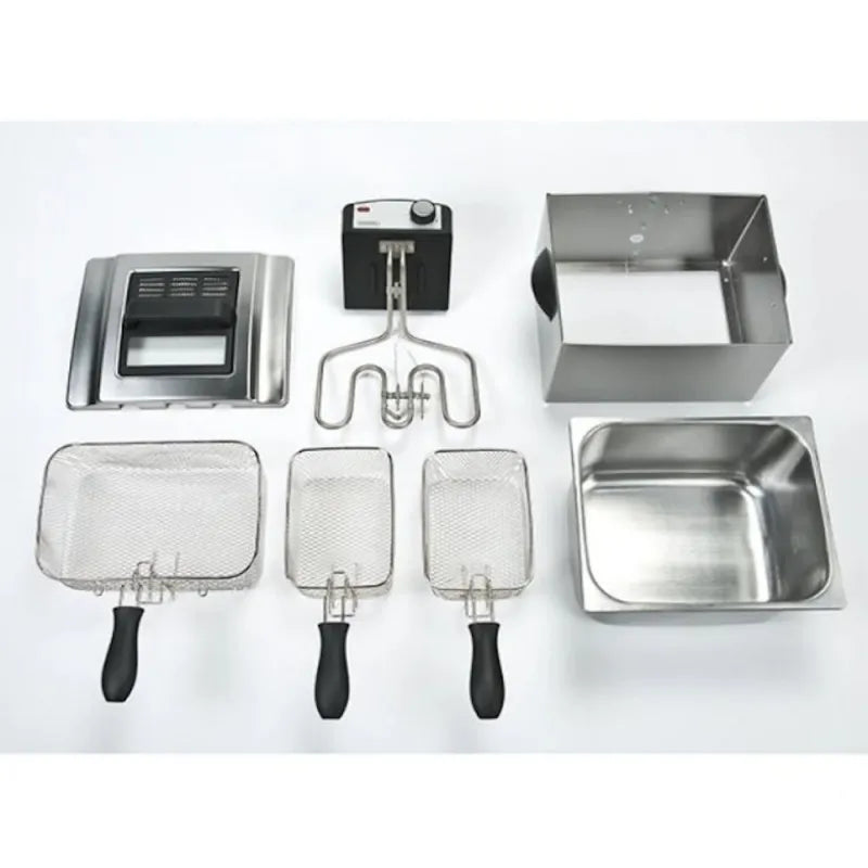 Bourgini Triple Deep Fat Fryer 5 Litre accessories and components laid out including stainless steel frying baskets with black handles, metal mesh strainers, control unit with dial, heating element, and rectangular frying pan on white background