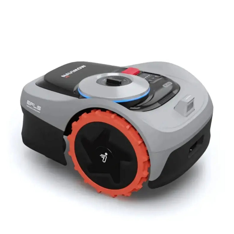 Segway Navimow i105E robotic lawn mower with grey and black body, bright orange wheel rim, and blue accents, shown from angled top view against white background