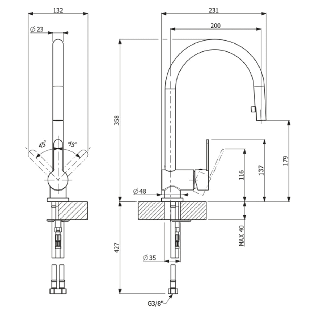 MVI Amalfi Side Lever Kitchen Sink Tap with Pull Out Hose | 2720067