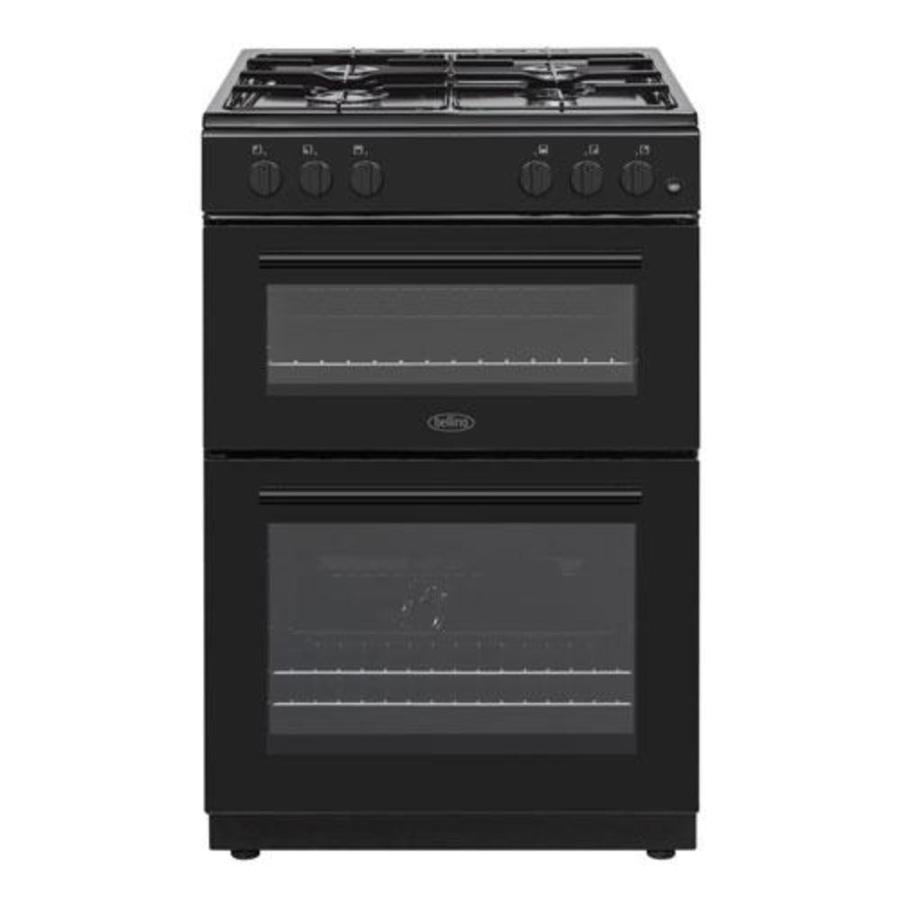 Black Belling 60cm LPG gas cooker with six burner hob, dual ovens and control knobs, front view on white background