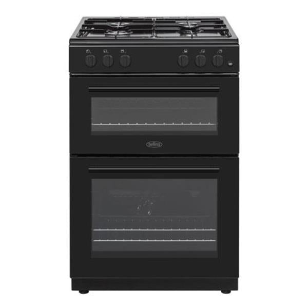 Black Belling 60cm LPG gas cooker with dual ovens and six gas burners on top, front view