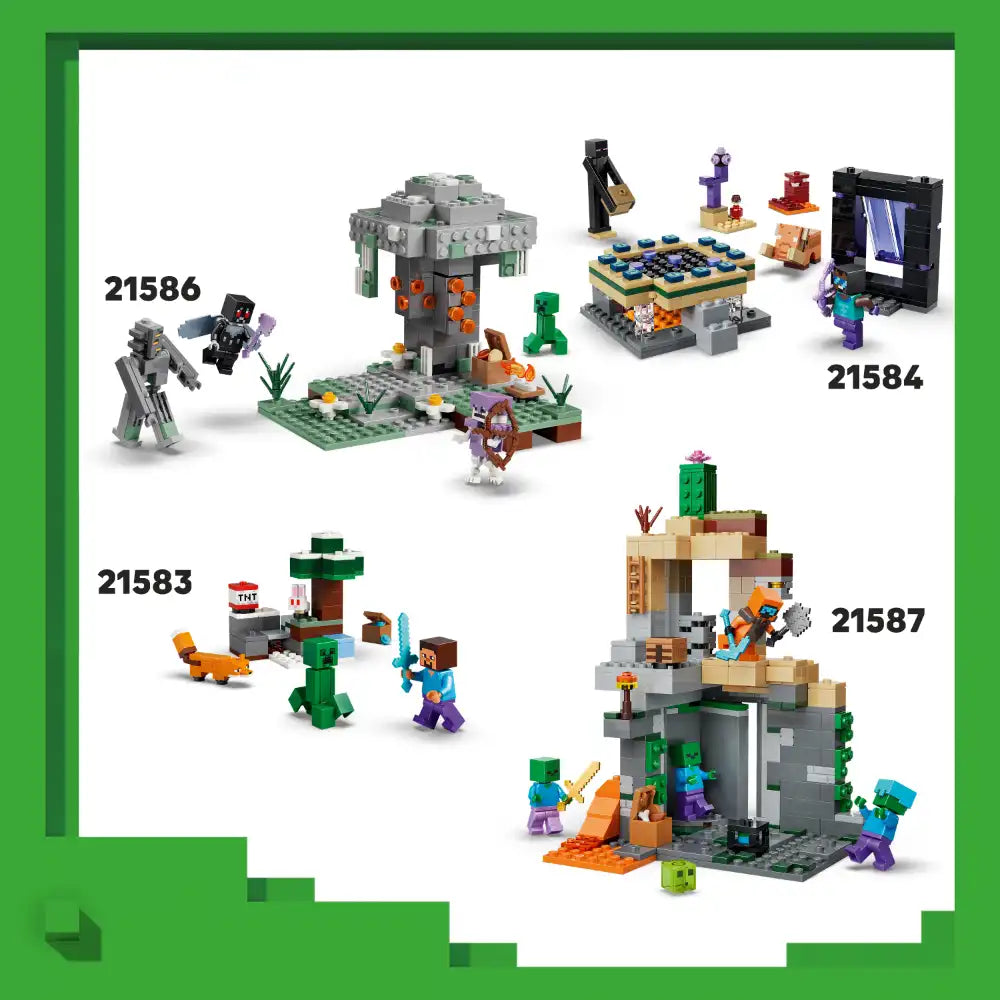 LEGO Minecraft set collection showing four buildable scenes numbered 21586, 21584, 21583, and 21587 featuring gray stone structures, green vegetation, minifigures in purple and blue clothing, orange chickens, creepers, and TNT blocks arranged on white background with green border frame
