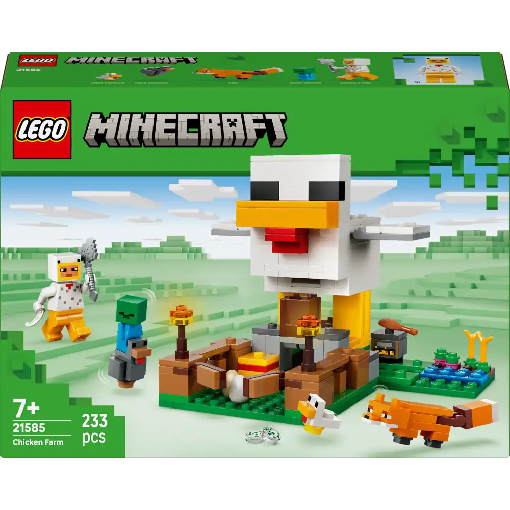 LEGO Minecraft Chicken Farm set 21585 featuring a white pixelated chicken structure with orange beak and yellow legs, surrounded by green baseplate with minifigures including a farmer character, a creeper, and orange fox, 233 pieces, age 7+