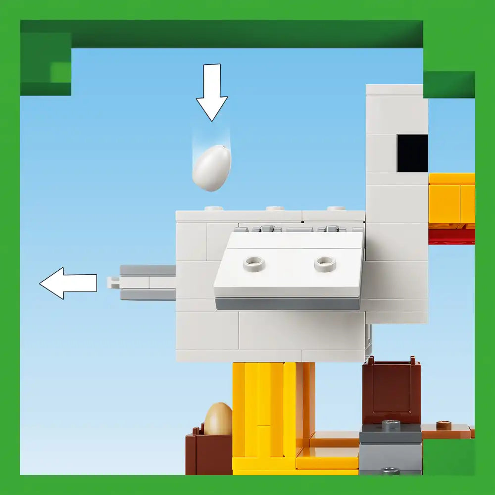 LEGO Minecraft Chicken Farm set 21585 featuring a white egg dispenser mechanism with two eggs, yellow and brown wooden structures, a brown nesting box, gray hoppers, and white LEGO bricks arranged in a farm setting against a blue sky background with green grass border