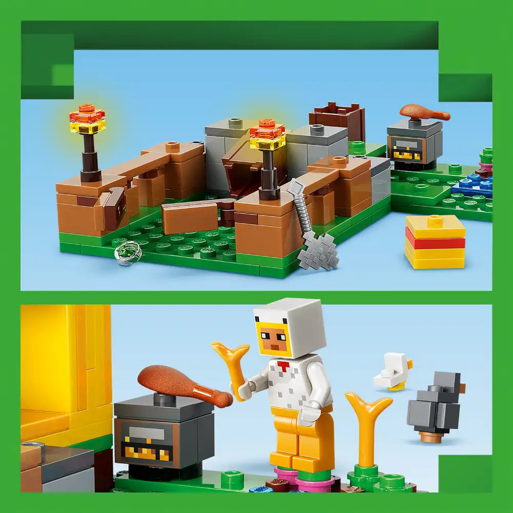LEGO Minecraft Chicken Farm set 21585 showing a constructed brown wooden farm structure with green baseplate, furnace, crafting table, and pixel art style chicken character with orange and white coloring, displayed with additional accessory pieces and minifigures against blue sky background