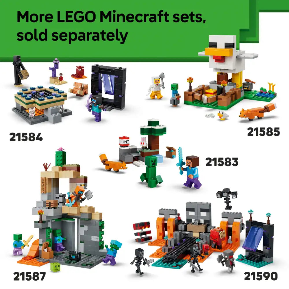 LEGO Minecraft building sets collection showing five different numbered sets (21584, 21585, 21583, 21587, 21590) featuring colorful brick structures, minifigures, and themed environments including farms, nether portals, and underground bases on green background