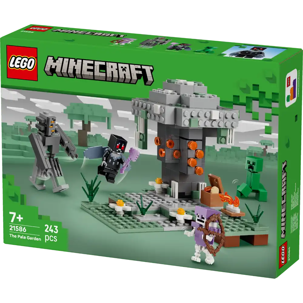 LEGO Minecraft The Pale Garden set 21586 featuring gray stone castle structure with orange details, minifigures including a warden and goat, green baseplate with flowers and vegetation, displayed against a green box packaging showing 243 pieces for ages 7+