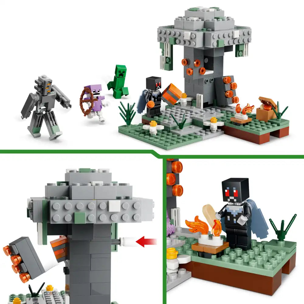 LEGO Minecraft The Pale Garden set 21586 featuring gray and green brick structures with orange accents, minifigures including a Warden character, building instructions shown from multiple angles with assembled tower base and modular components