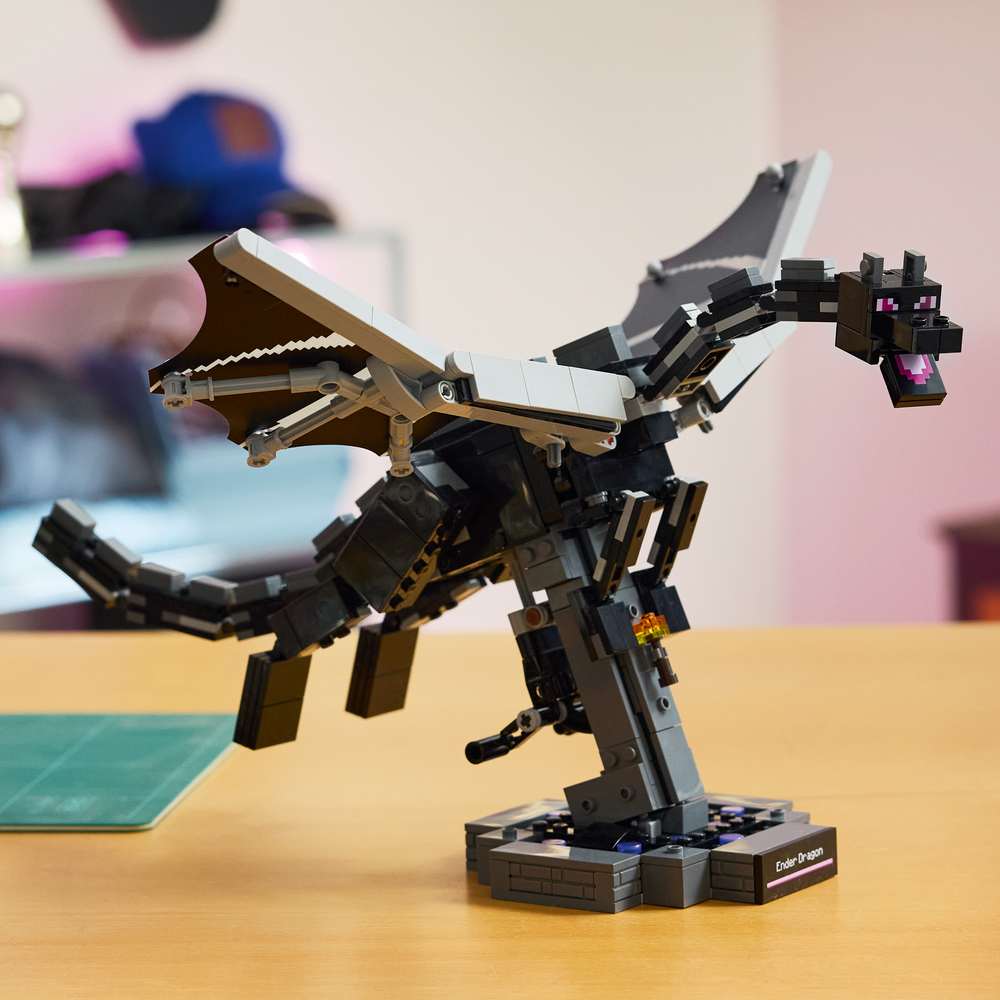 LEGO Minecraft The Ender Dragon 21595 - the finished build shown in a home setting. 710 pieces. Ages 10+.