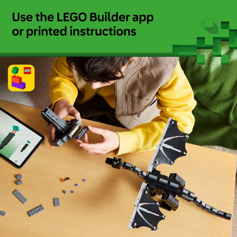 LEGO Minecraft The Ender Dragon 21595 - captioned product view. 710 pieces. Ages 10+.