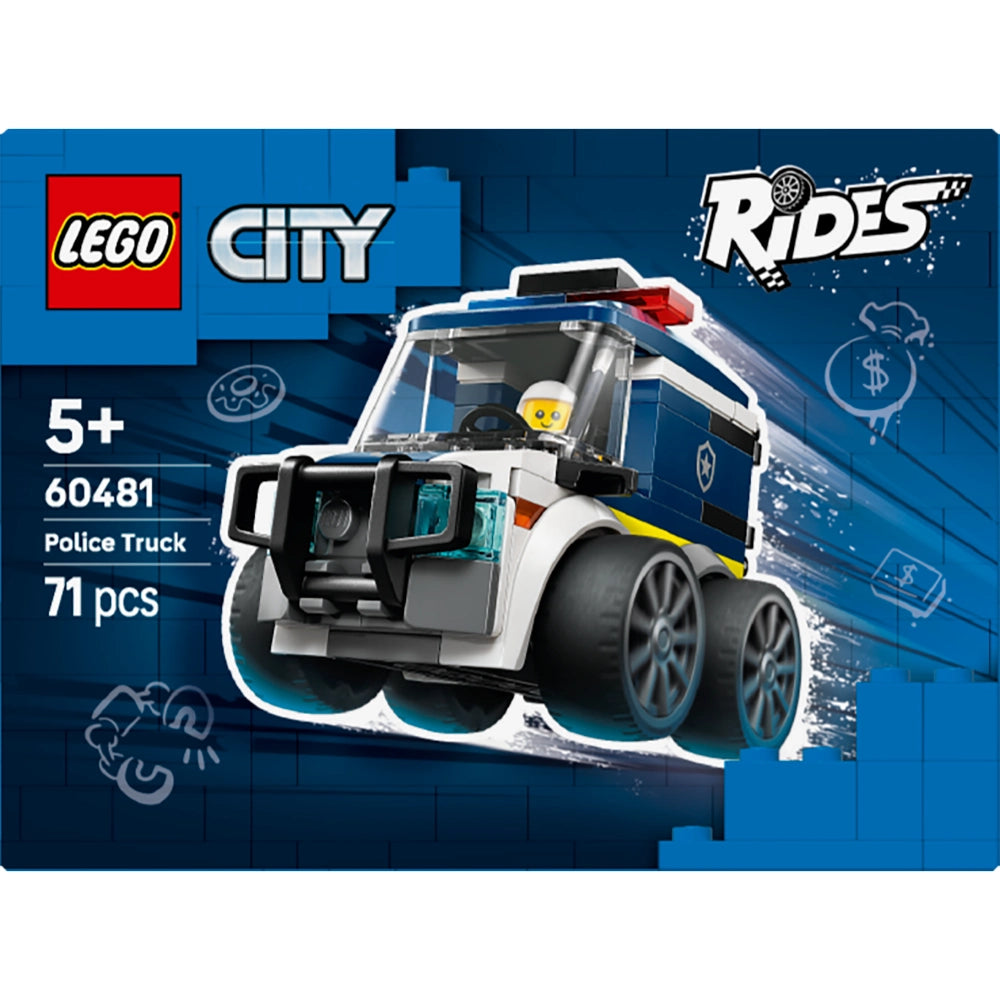 LEGO City Rides Police Truck set 60481 featuring a white and blue buildable police vehicle with black wheels and yellow accents, includes 71 pieces, recommended for ages 5 and up, displayed against a dark blue background with LEGO branding