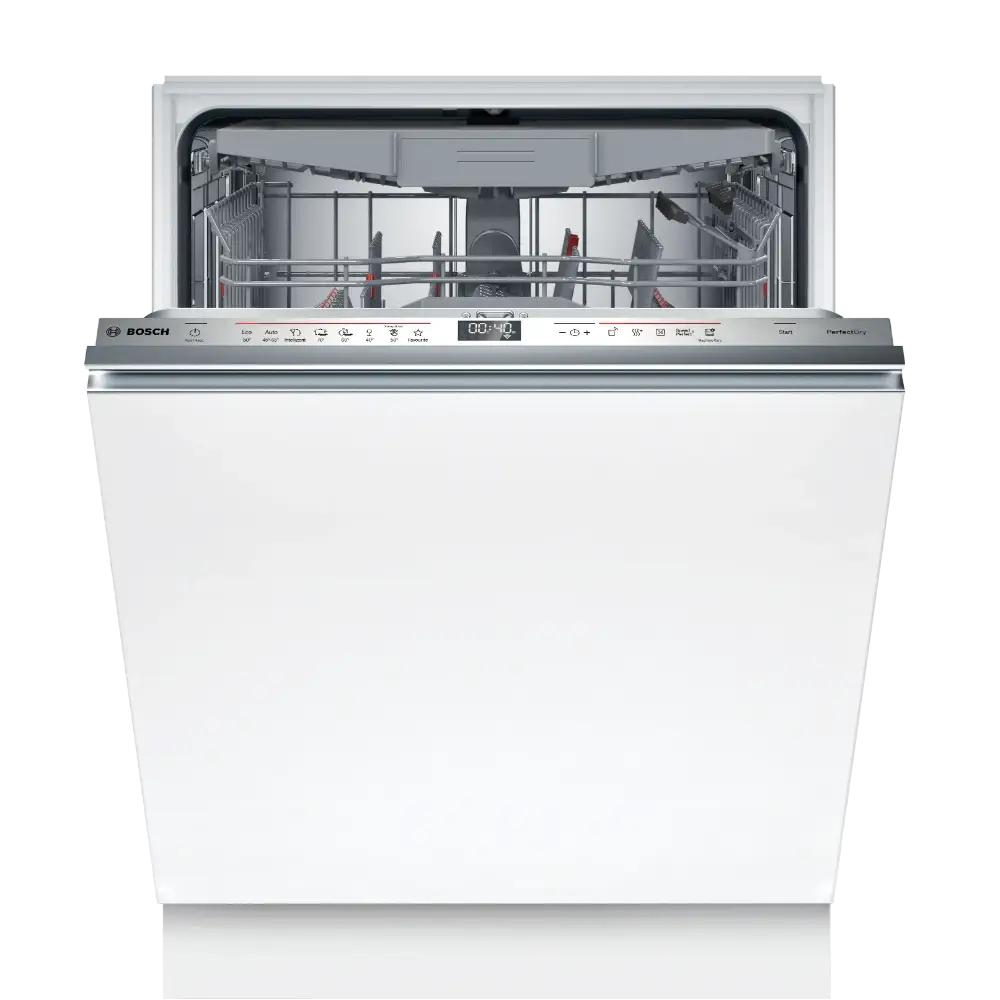 Bosch Series 6 fully integrated dishwasher with stainless steel control panel, white cabinet front, open door showing interior racks with place settings, digital display and touch controls visible
