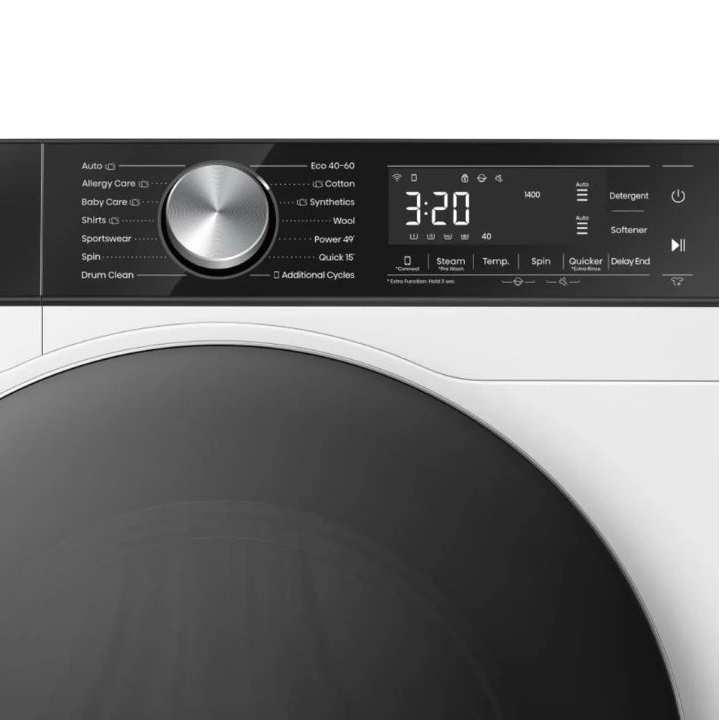 Hisense 5S Series 12kg white front-load washing machine with digital display showing 3:20 time, large dark circular door, silver control dial, and black control panel featuring AutoDosing and ConnectLife technology