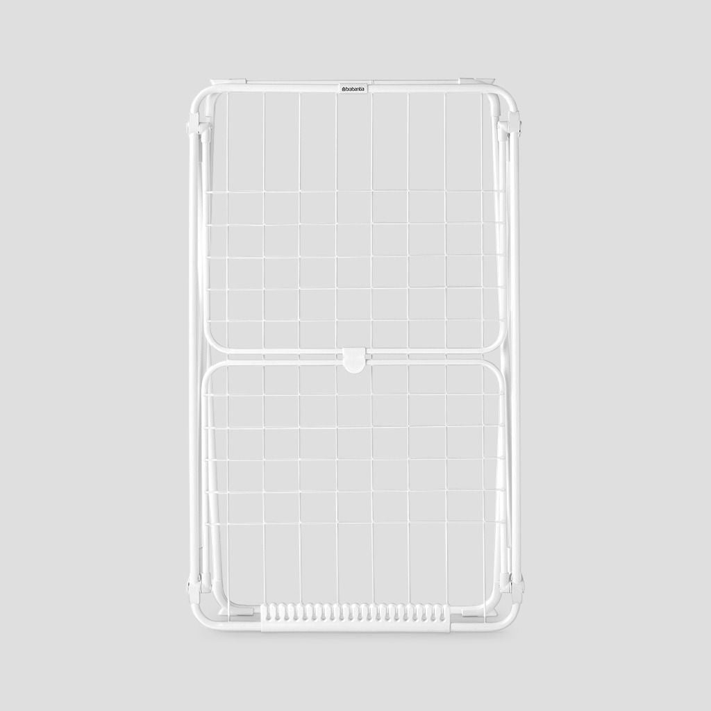 White metal clothes drying rack airer with grid pattern panels and rounded corners, shown from front view against grey background