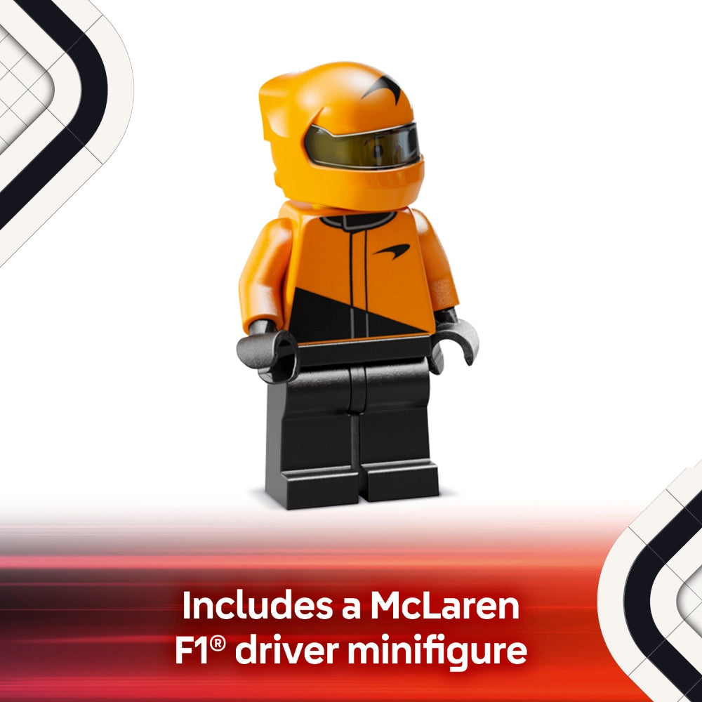 LEGO McLaren F1 Team MCL38 Race Car set 77251 featuring an orange and black racing driver minifigure with helmet and suit