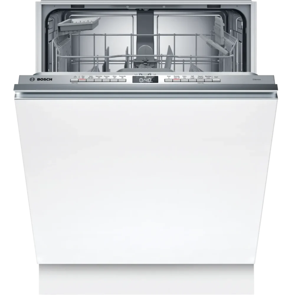 Bosch Serie 4 integrated dishwasher with white front panel, stainless steel control panel and digital display, 14 place setting capacity, 60cm width, fully integrated design