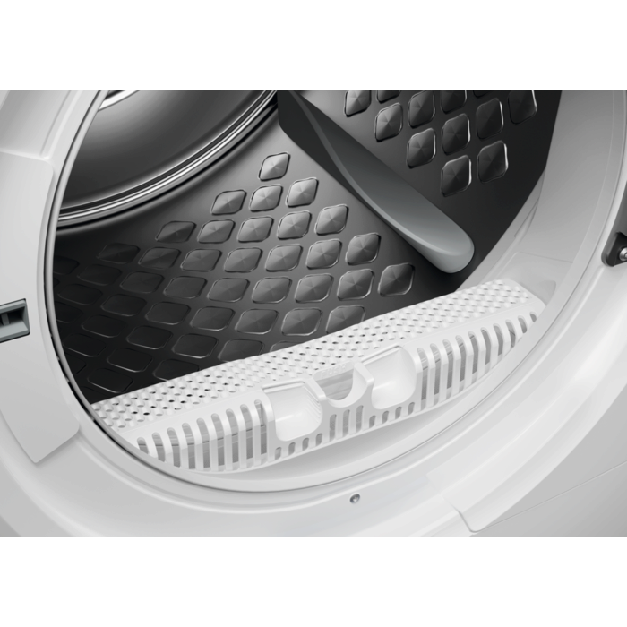 Dryer drum with interior view showing the mesh and rubber seal.