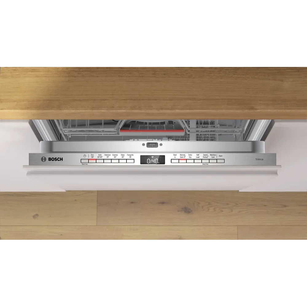 Bosch Serie 4 integrated dishwasher with stainless steel control panel and digital display, partially open showing interior racks, installed under wooden countertop in modern kitchen setting