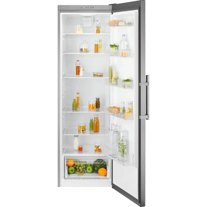 Electrolux 600 Series tall larder fridge in stainless steel with open door displaying multiple shelves stocked with fresh produce, beverages, condiments and groceries