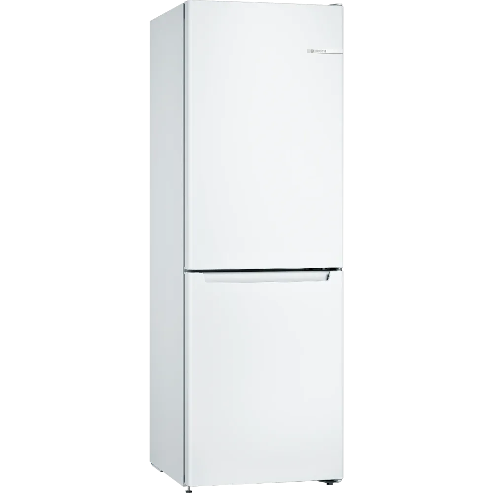 Bosch Series 2 white freestanding 60/40 fridge freezer with bottom freezer compartment and black handle on white background