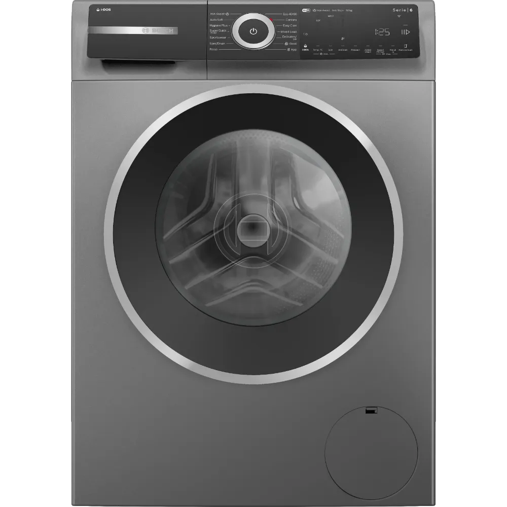Bosch Series 6 grey washing machine with 10kg capacity, 1400 spin speed, front-loading design with large circular dark window, digital control panel with power button and display screen, stainless steel trim accents, and detergent dispenser drawer at bottom