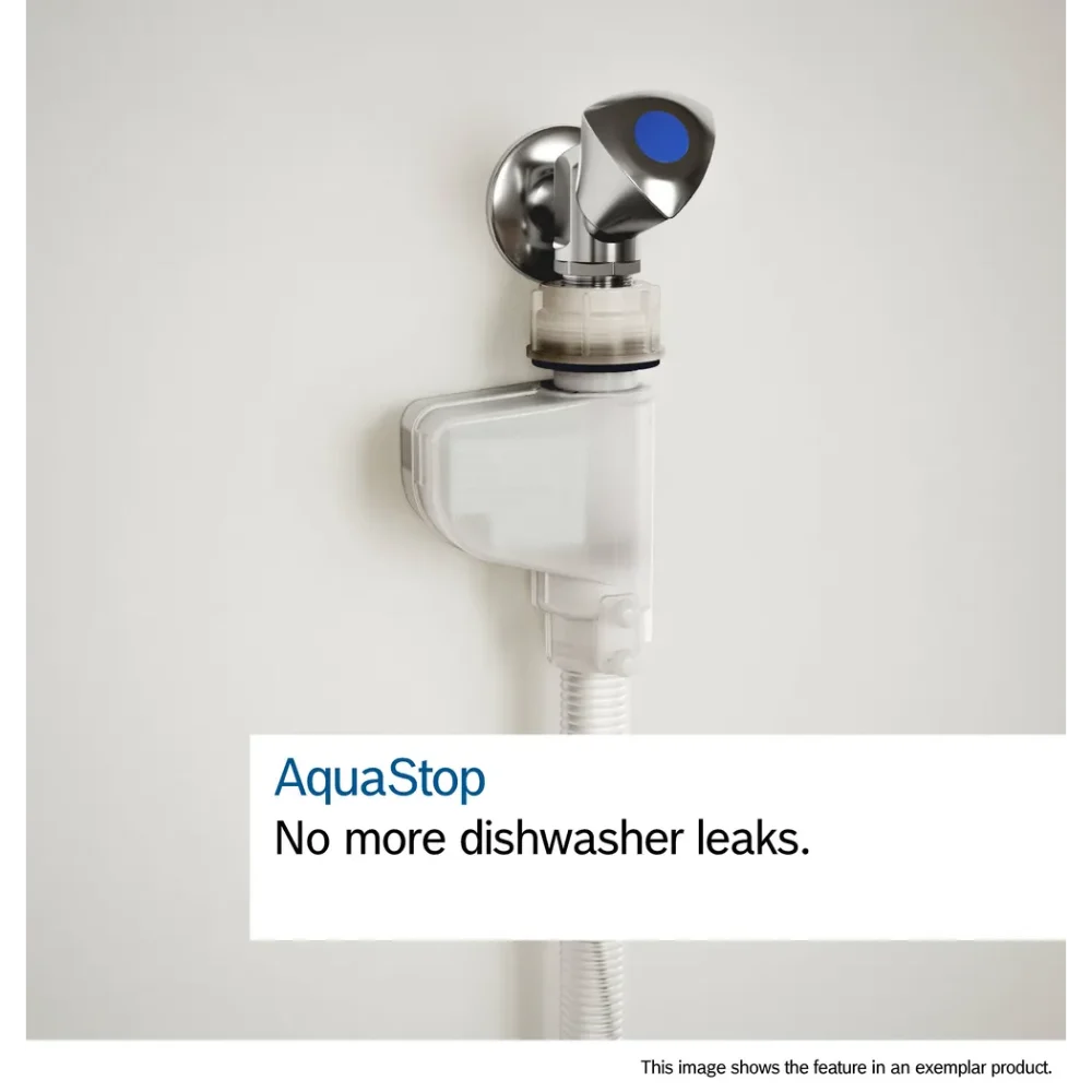 AquaStop water leak protection device mounted on white inlet hose with metallic silver housing and blue indicator light for Bosch Series 4 dishwasher