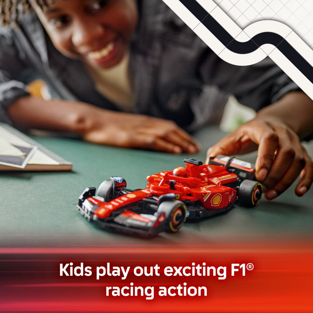 Child playing with red LEGO Ferrari F1 race cars on a green surface, demonstrating exciting Formula 1 racing action with minifigure hands building and racing the toy vehicles