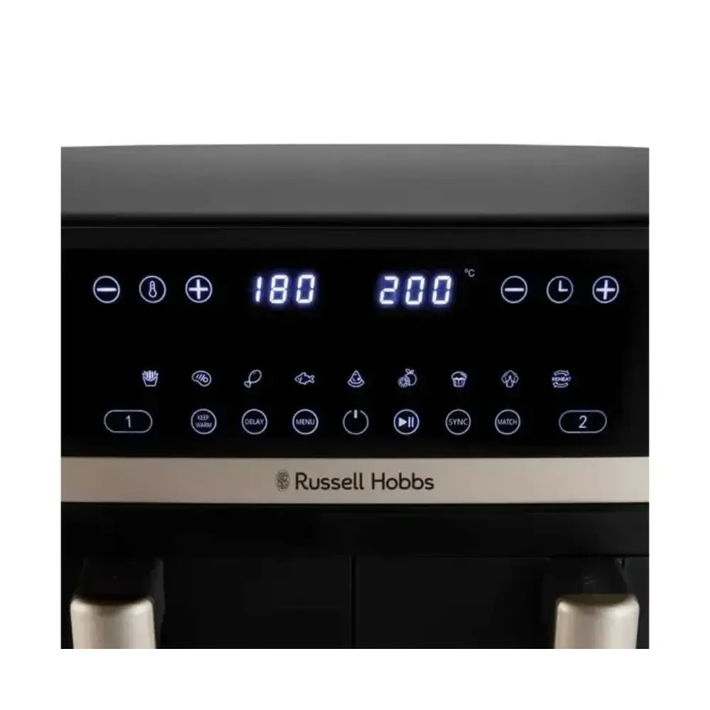 Russell Hobbs Satisfry Dual Basket Air Fryer 9 Litre black control panel with digital display showing 180°C and 200°C temperatures, touch buttons, and function icons