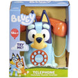 Toy telephone with Bluey character packaging on a white background