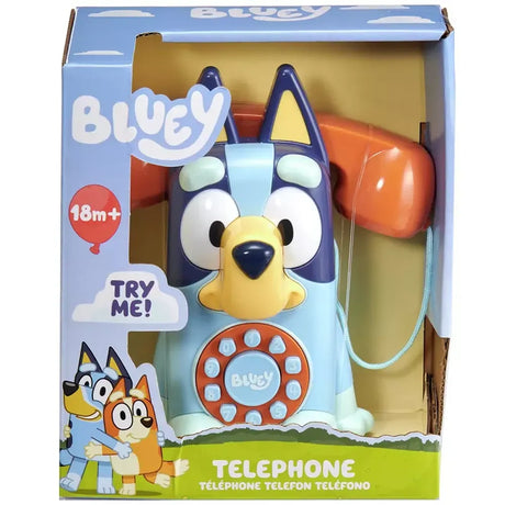 Toy telephone with Bluey character packaging on a white background