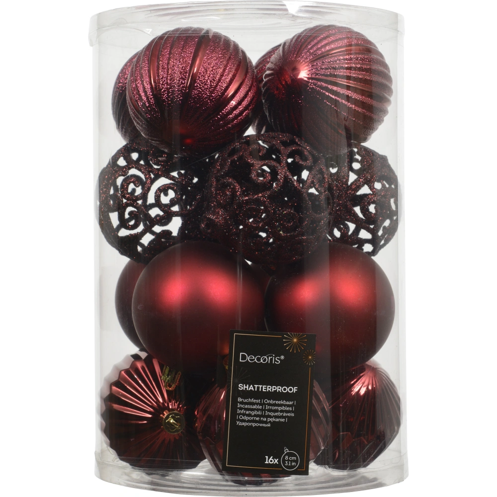 Decoris Light Red Shatterproof Baubles - Pack of 16