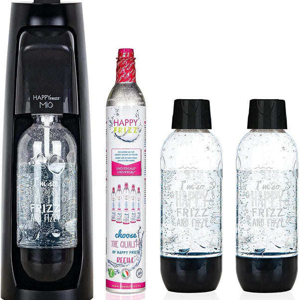 Happy Frizz Mio black soda water maker machine with CO2 cartridge and two reusable bottles featuring carbonated water dispenser system