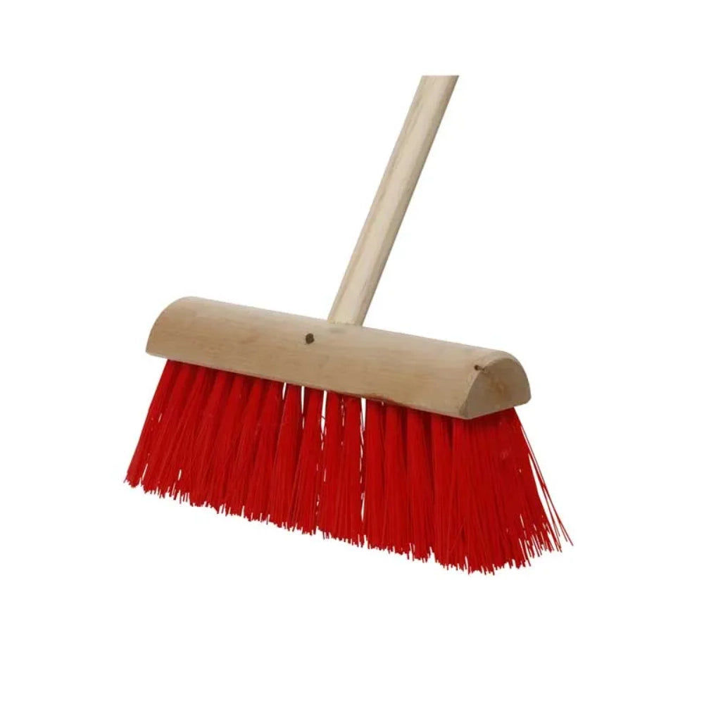 Dosco heavy duty synthetic yard brush with 13 inch red bristles and natural wood handle for outdoor cleaning