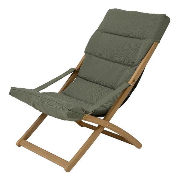 Natural oak acacia wood folding lounge chair with green cushion, featuring an angled backrest and fabric armrests in modern minimalist design