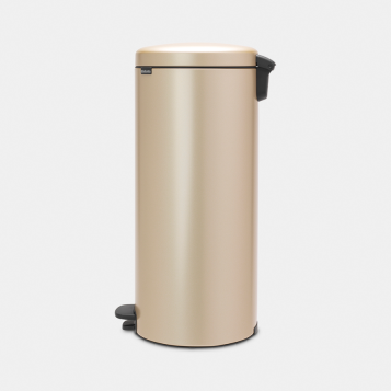 Brabantia 30 litre New Icon pedal bin in champagne finish with stainless steel cylindrical body and black foot pedal and handle