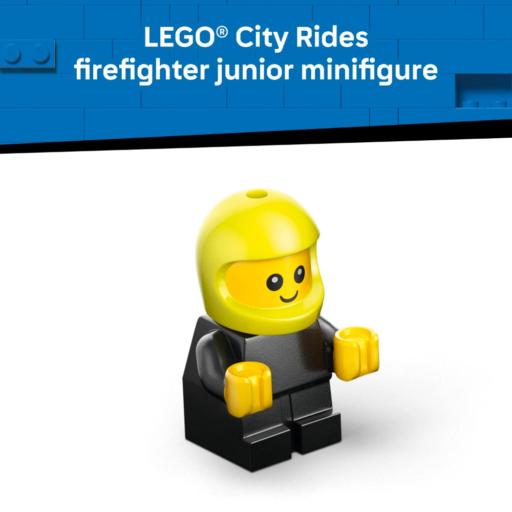 LEGO City Rides firefighter junior minifigure with bright yellow helmet and head, black torso and legs, and yellow hands, shown against blue LEGO brick background