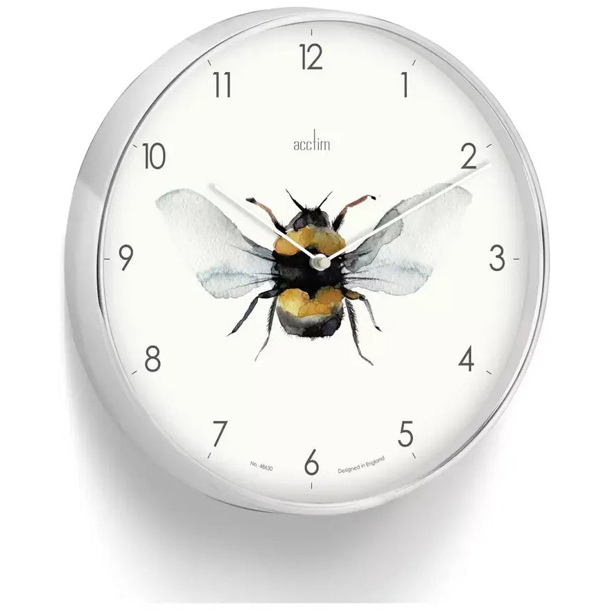 Acctim Society Bee silver analogue wall clock with watercolor bumblebee design on white face and black hour hands