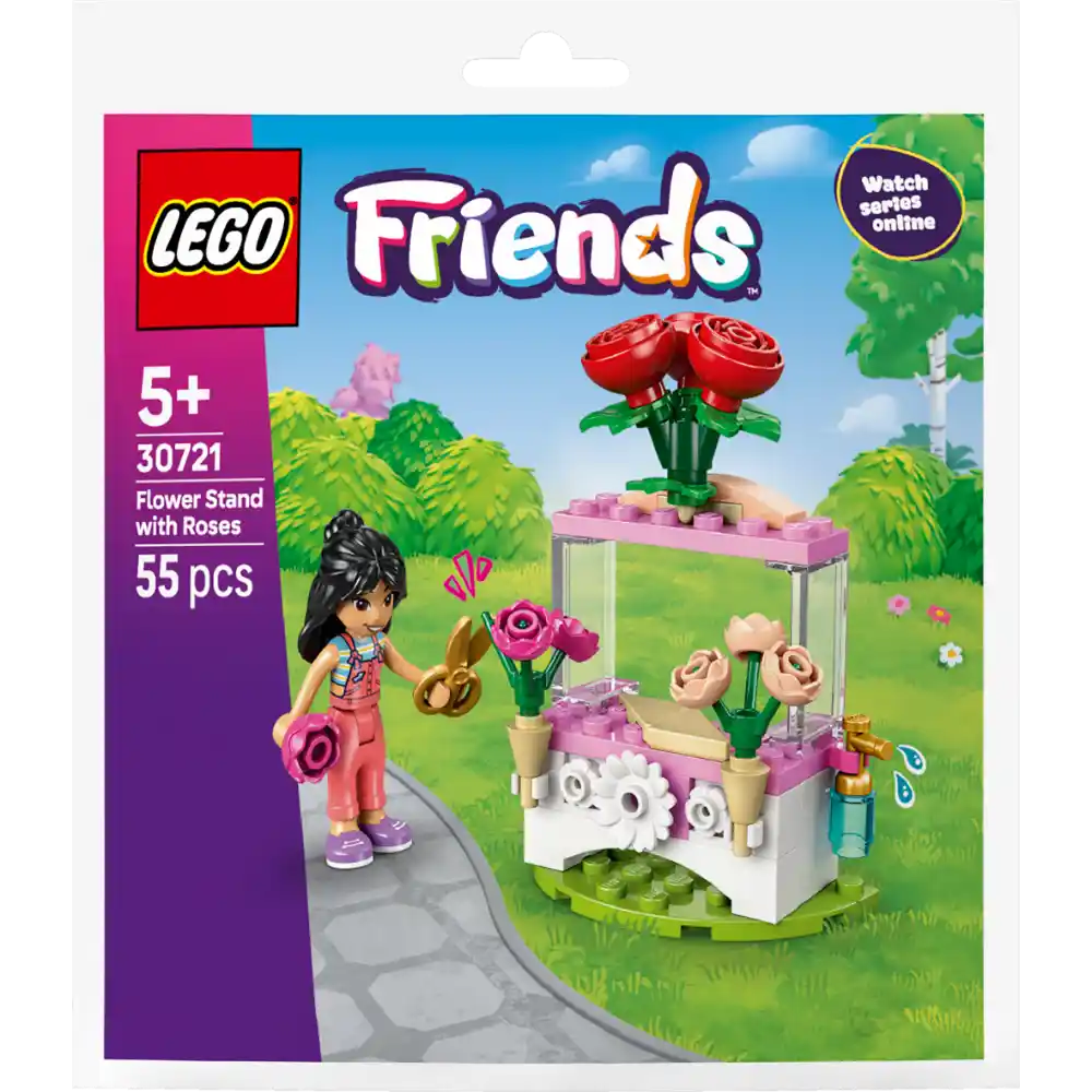 LEGO Friends Flower Stand with Roses set 30721 showing a colorful flower shop display with pink and white base, red roses, potted flowers in tan and green, a female minifigure with black hair in pink outfit, and accessories on a green grassy background with blue sky, 55 pieces for ages 5 and up