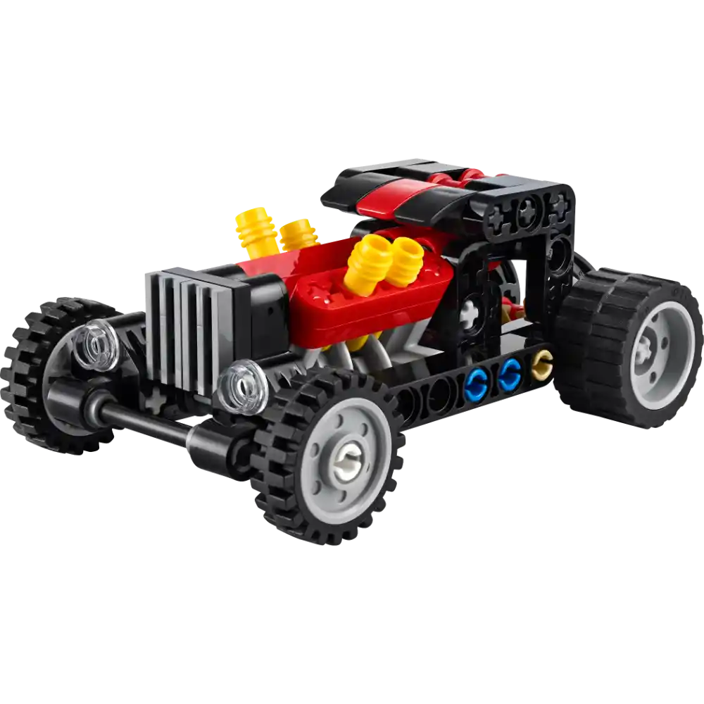 LEGO Technic Hot Rod Car 30723 with red engine block, black and red chassis, yellow exhaust pipes, silver and black wheels, and blue and gold accent details against white background