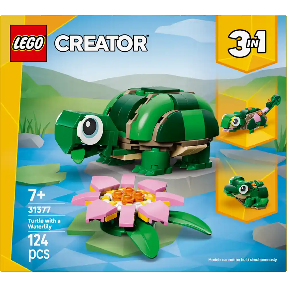 LEGO Creator 3-in-1 set 31377 featuring a green brick turtle with large eye and tan shell details, accompanied by a pink and yellow water lily flower on green lily pad leaves, displayed with two alternative animal build options shown on yellow banners, set against a natural landscape background with blue water, 124 pieces, age 7+